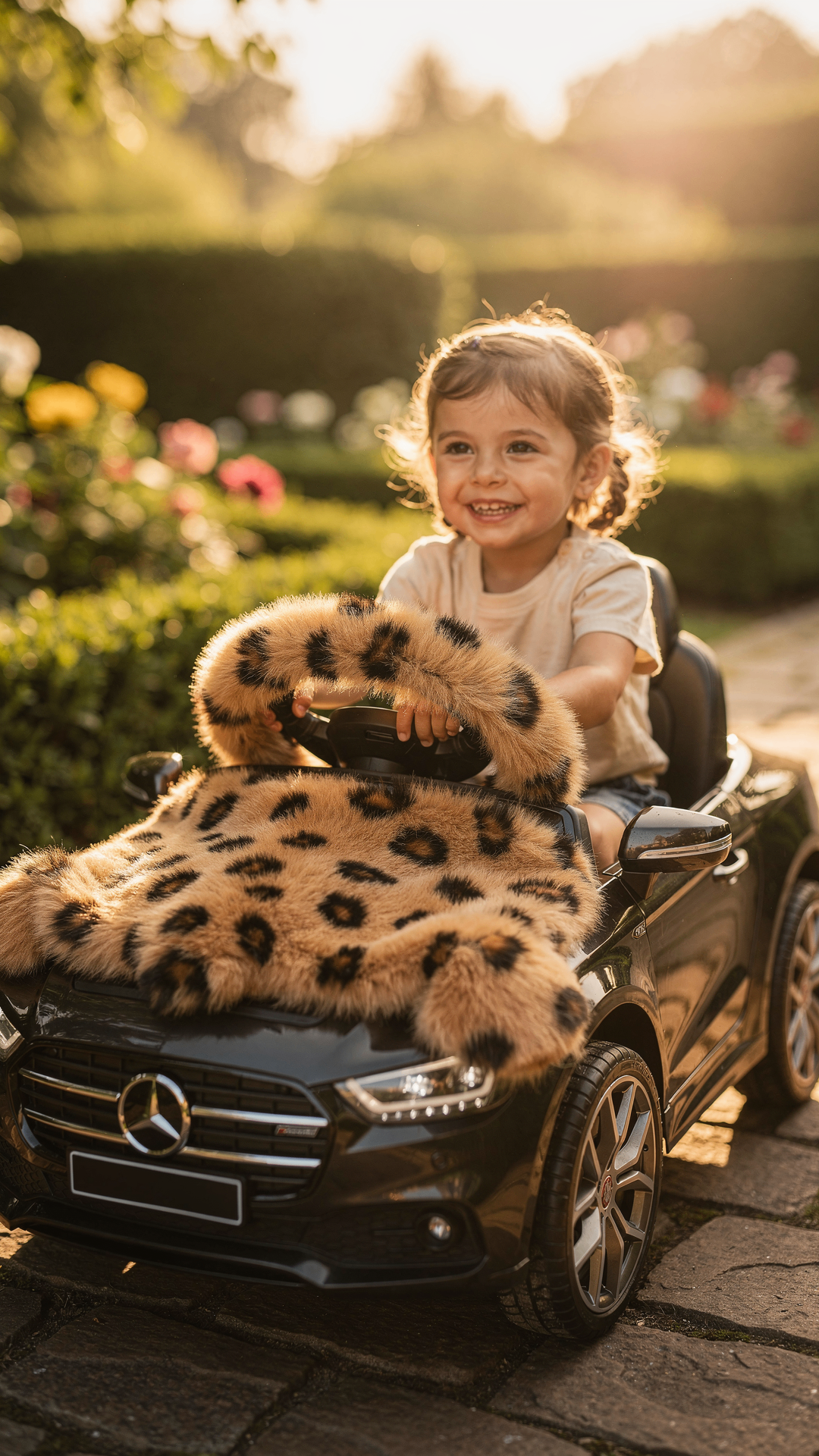Kind fährt Elektroauto mit Leoparden-Lenkradbezug