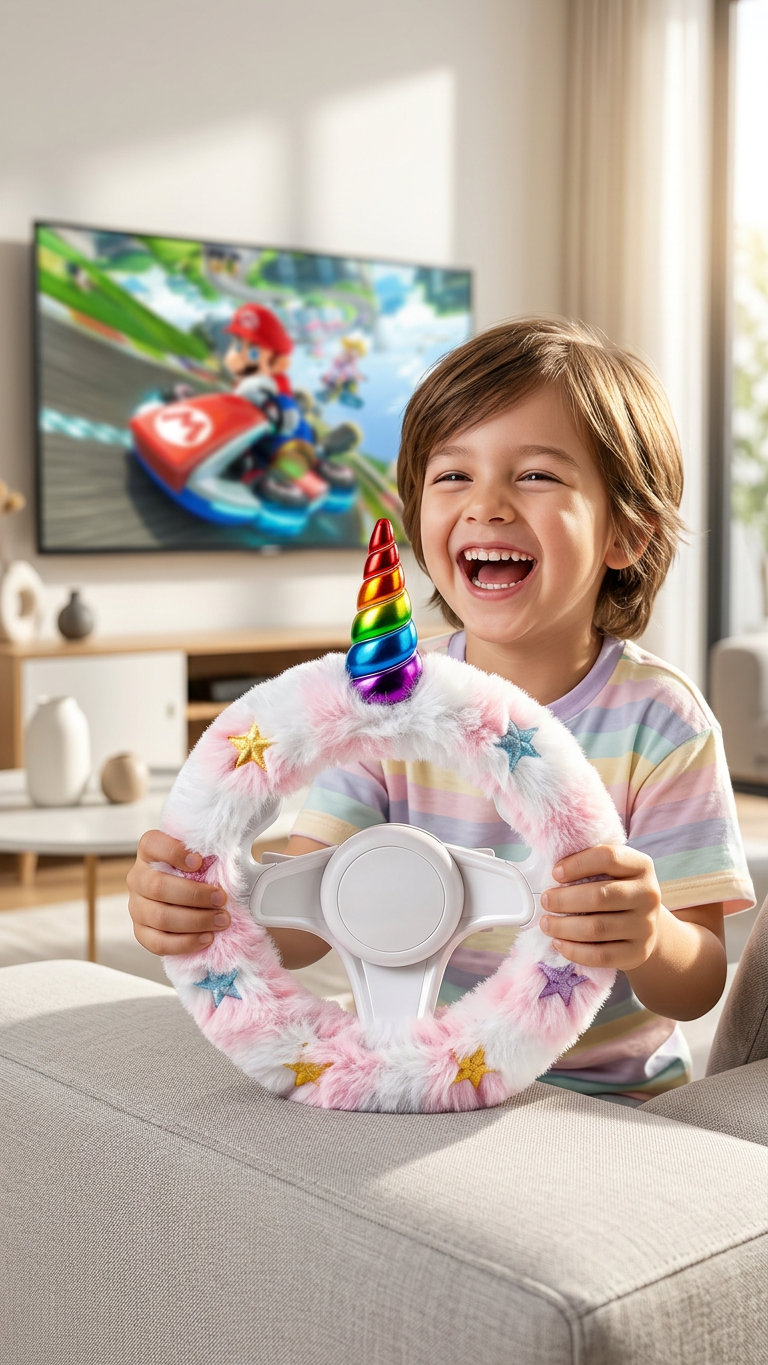 Lachendes Kind mit rosa Einhorn-Lenkradbezug beim Mario Kart