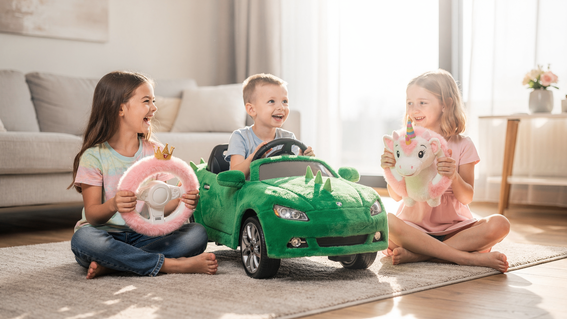 Kinder spielen mit NanaBande Lenkradbezügen und Elektroauto