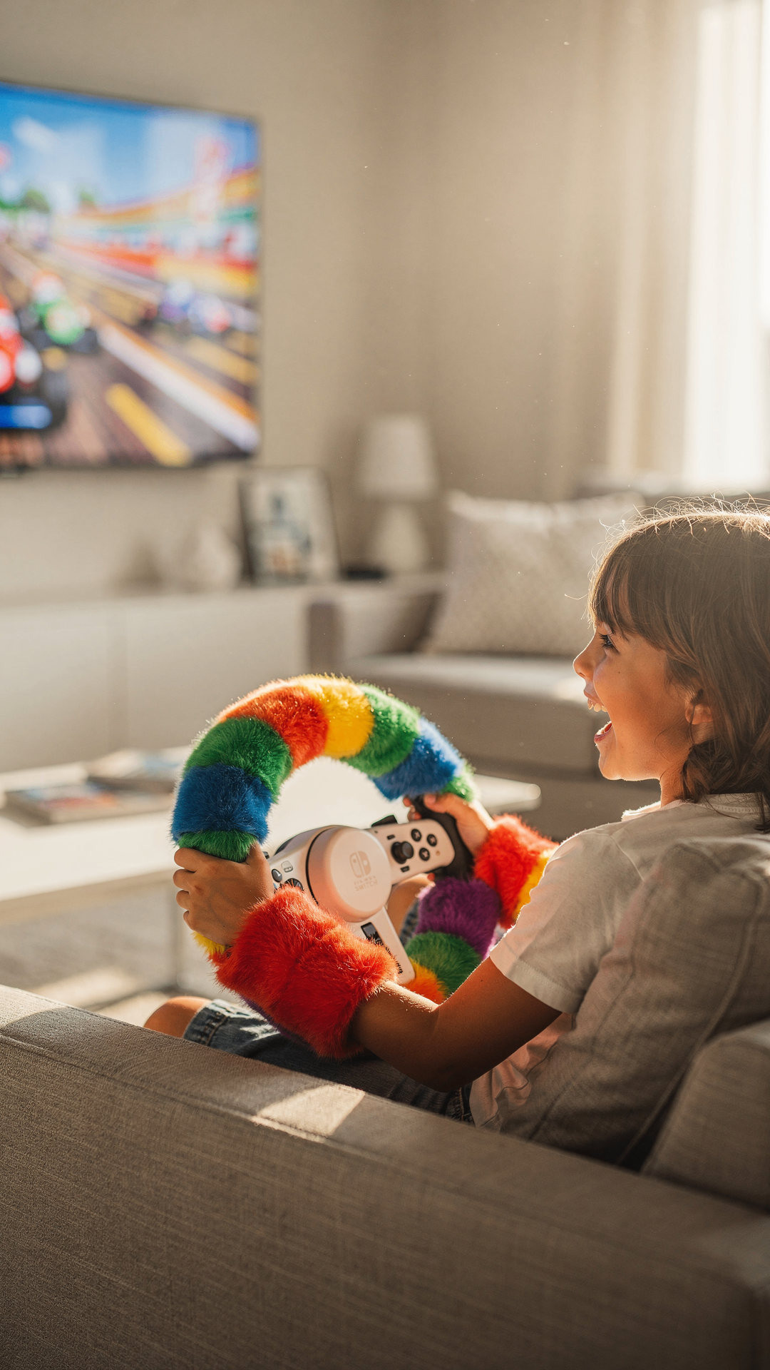 Kind spielt Mario Kart mit Regenbogen-Lenkradbezug