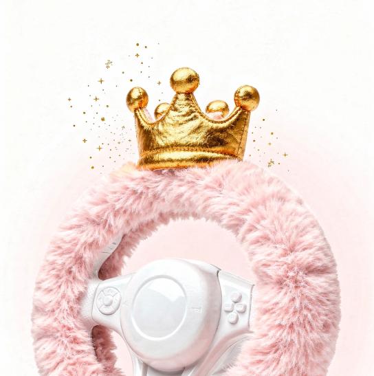 Kuschel-Lenkrad Design Prinzessin-Krone – flauschiger Plüsch-Lenkradbezug von NanaBande für Kinderfahrzeuge und Hori Racing Wheel