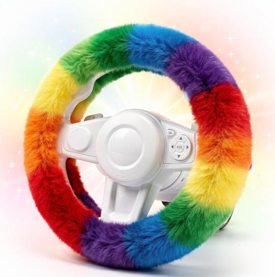Kuschel-Lenkrad Design Regenbogen – flauschiger Plüsch-Lenkradbezug von NanaBande für Kinderfahrzeuge und Hori Racing Wheel