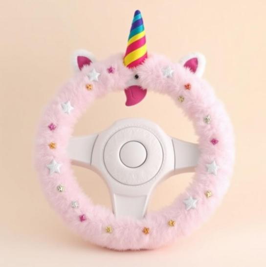 Kuschel-Lenkrad Design Einhorn – flauschiger Plüsch-Lenkradbezug von NanaBande für Kinderfahrzeuge und Hori Racing Wheel